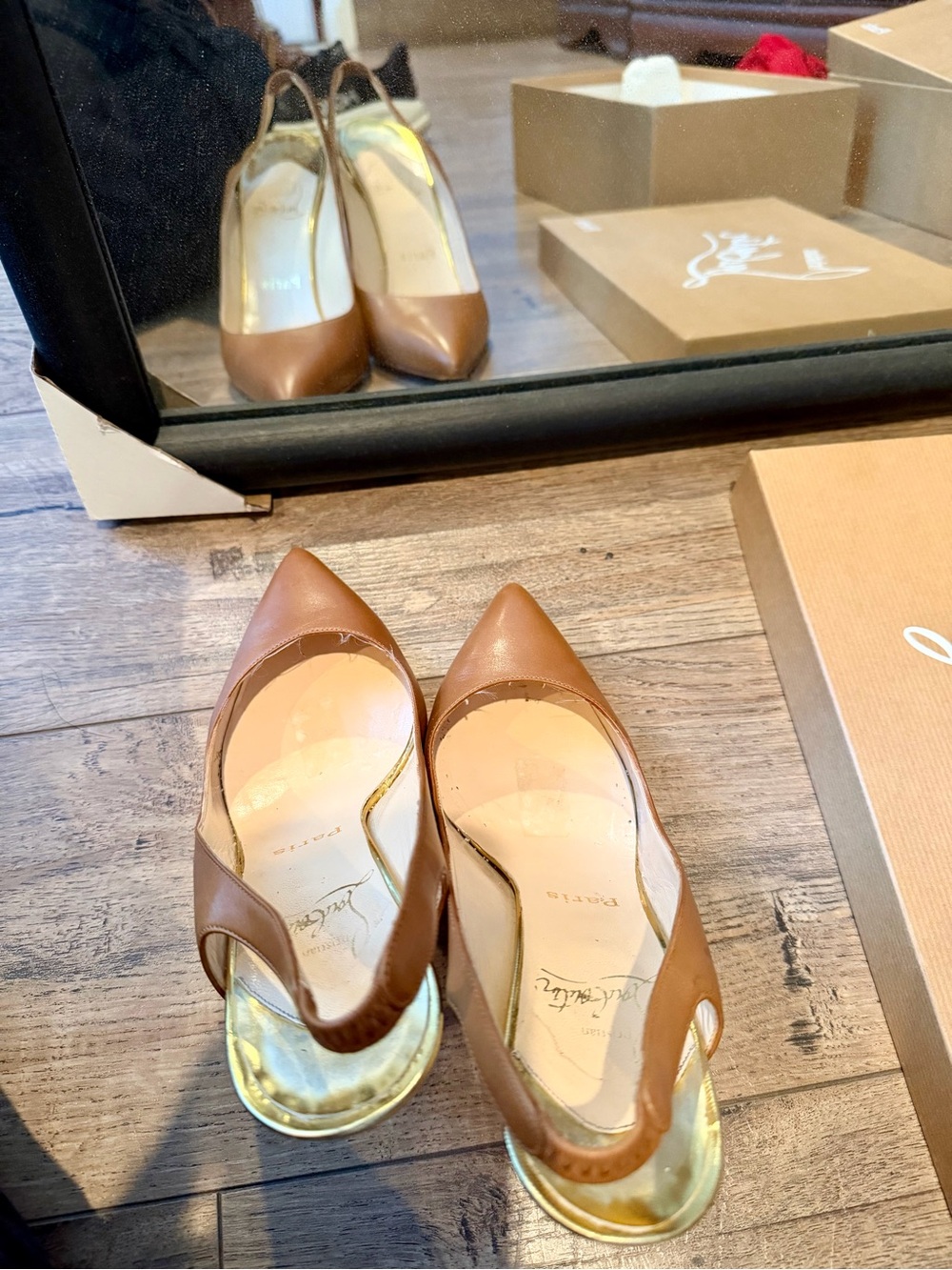Christian Louboutin Tan Leather Pointed-Toe Slingback Pumps with Gold Heel - Picture 5 of 9